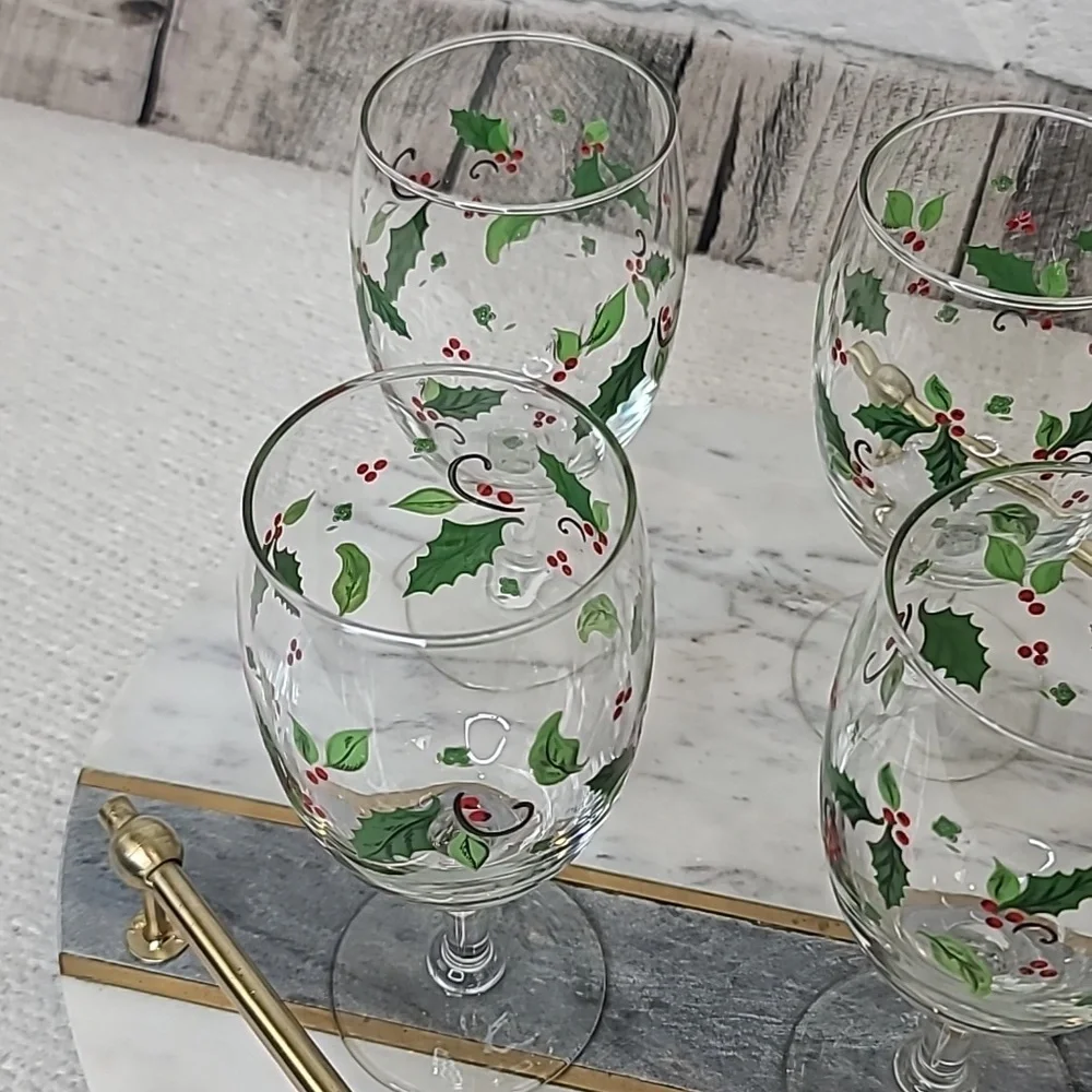 Libbey Vintage Holiday Holly Iced Tea Glass/Goblets Set of 4 (Four) Green/Red
